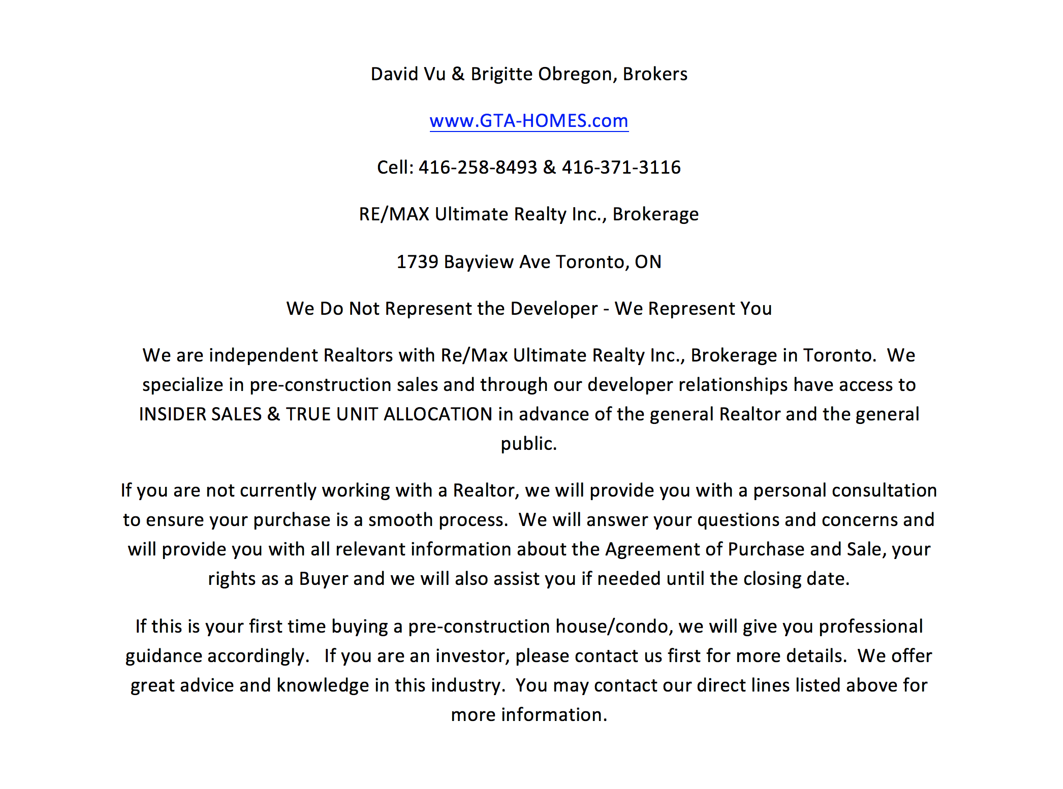 Condo Sales Agents Contact Info
